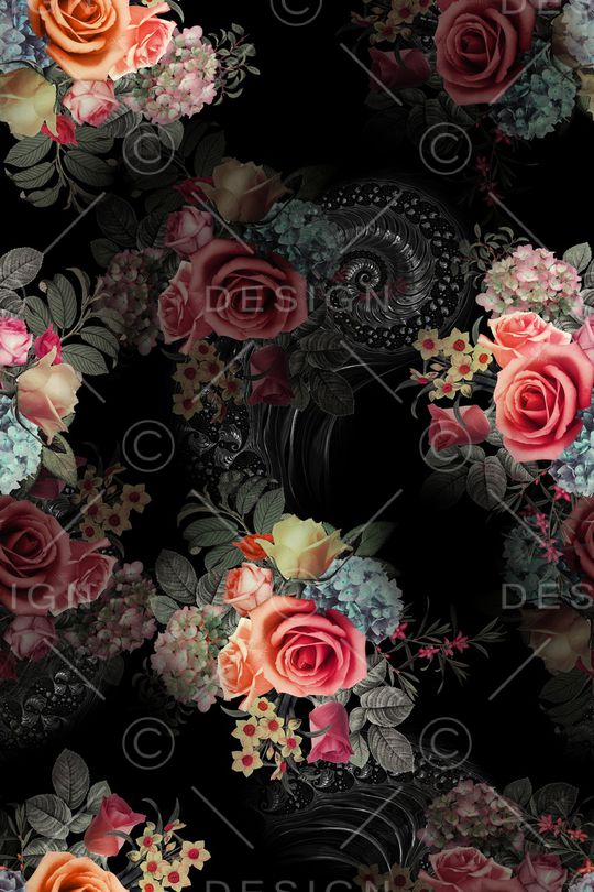 黑底花卉印花华亿平台图片