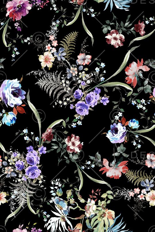 黑底花卉印花华亿平台图片