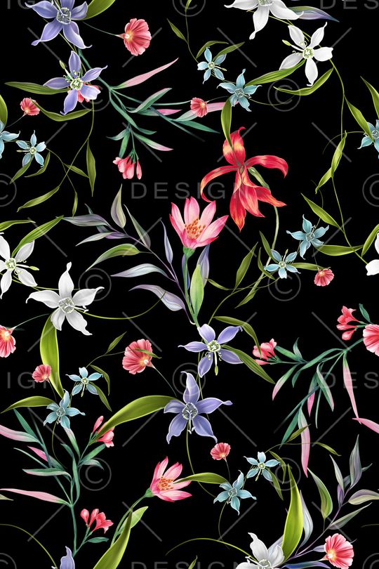 黑底花卉印花华亿平台图片