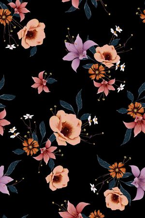 黑底花卉印花华亿平台图片