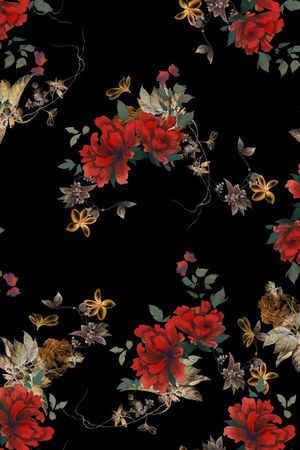 黑底花卉印花华亿平台图片