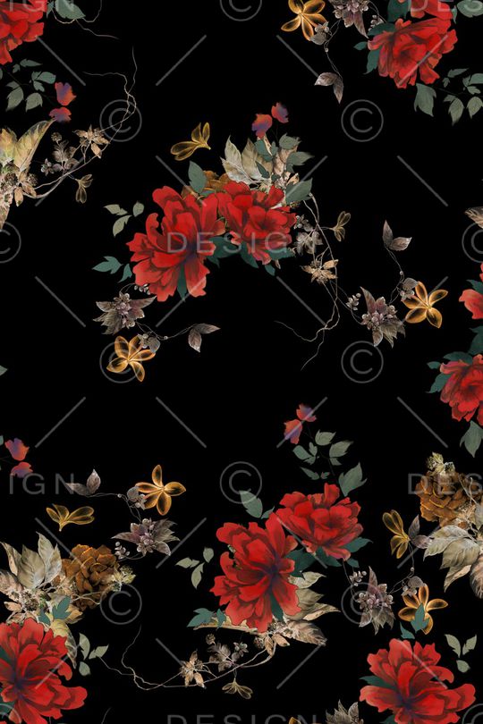 黑底花卉印花华亿平台图片