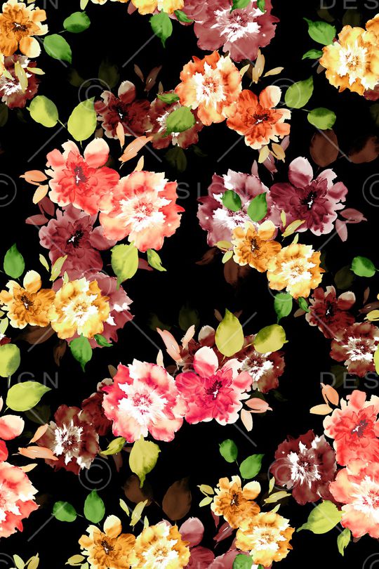 黑底花卉印花华亿平台图片