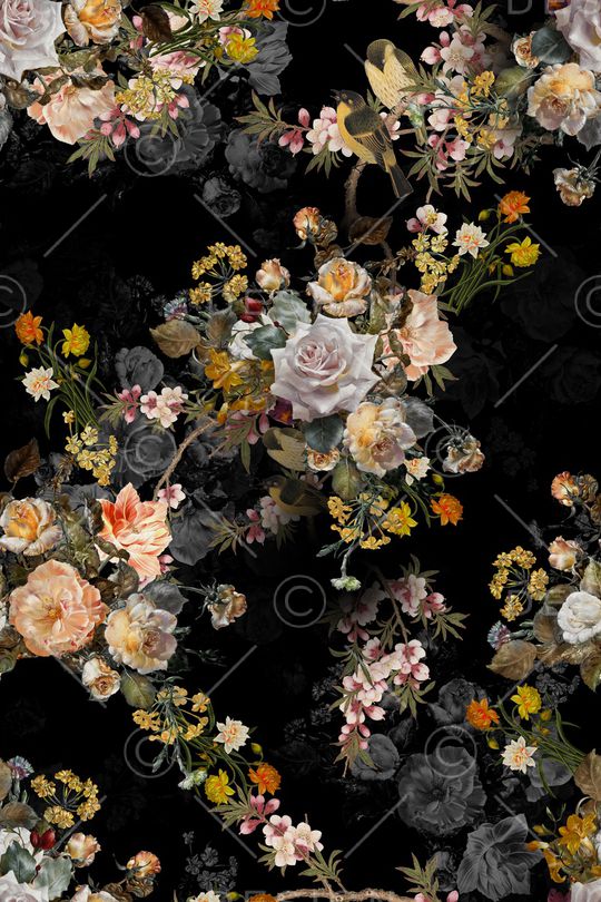 黑底花卉印花华亿平台图片