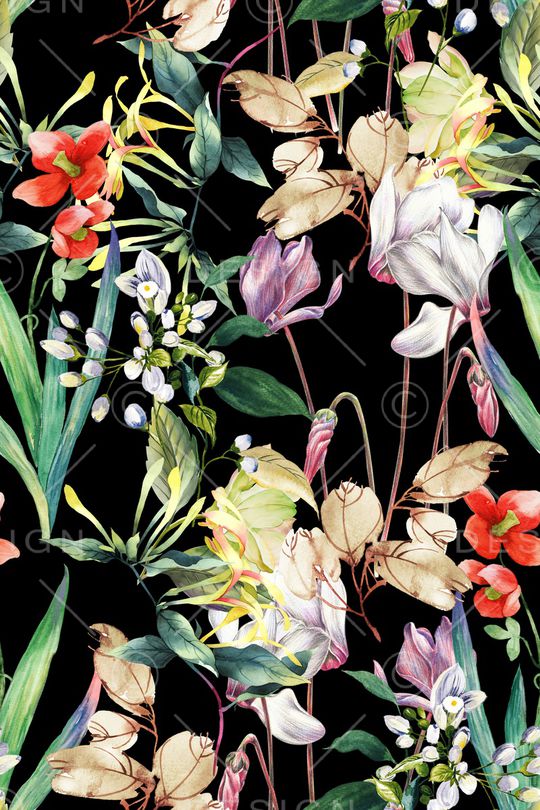 黑底花卉印花华亿平台图片