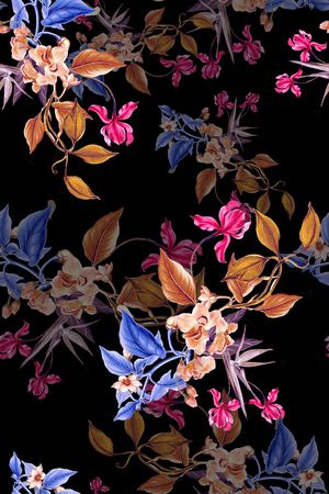 黑底花卉印花华亿平台图片