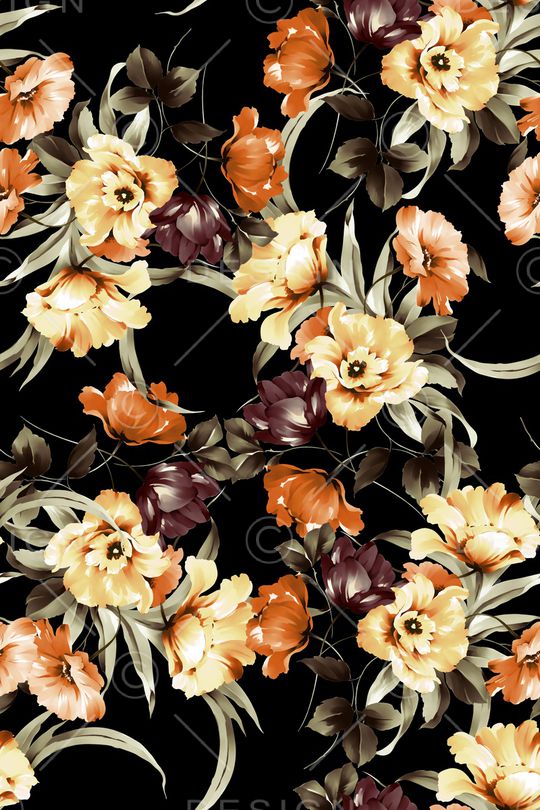 黑底花卉印花华亿平台图片