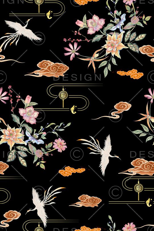 黑底花卉印花华亿平台图片