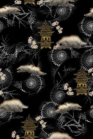 黑底花卉印花华亿平台图片