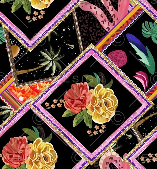 黑底花卉印花华亿平台图片