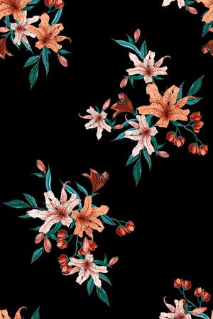 黑底花卉印花华亿平台图片