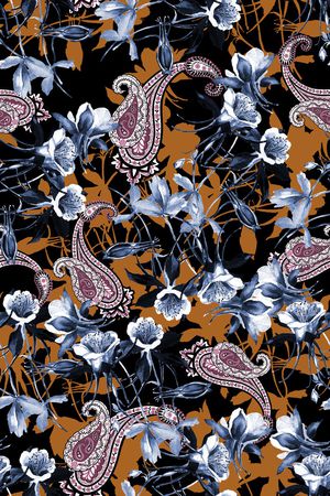 黑底花卉印花华亿平台图片