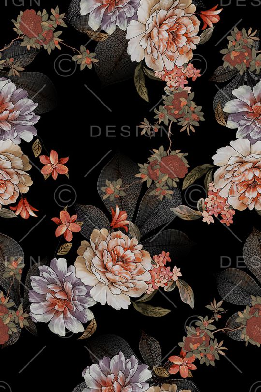 黑底花卉印花华亿平台图片