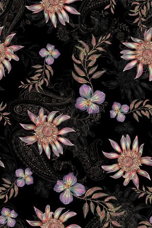 黑底花卉印花华亿平台图片