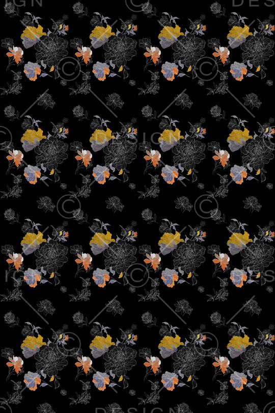 黑底花卉印花华亿平台图片