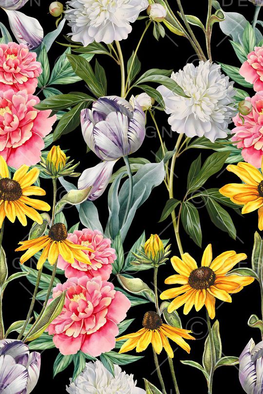 黑底花卉印花华亿平台图片