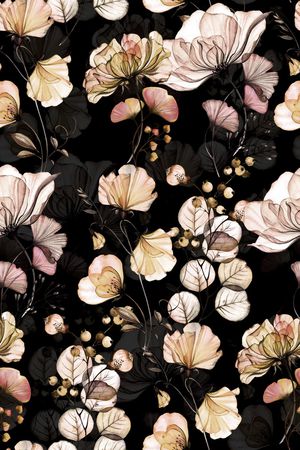 黑底花卉印花华亿平台图片