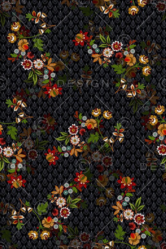 黑底花卉印花华亿平台图片