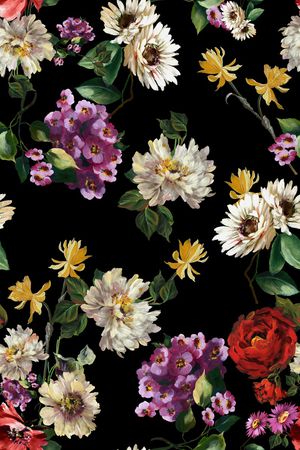 黑底花卉印花华亿平台图片