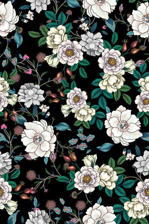 黑底花卉印花华亿平台图片