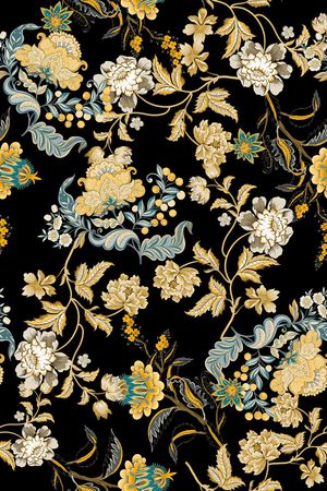 黑底花卉印花华亿平台图片