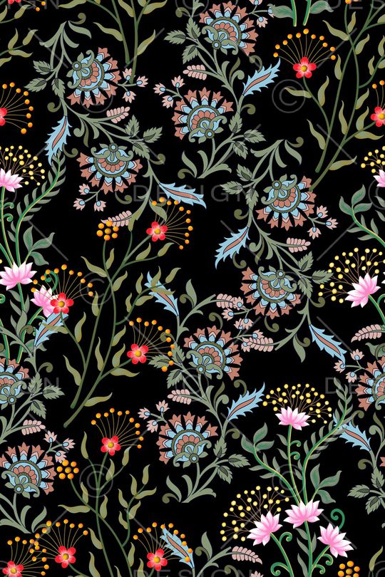 黑底花卉印花华亿平台图片