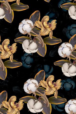 黑底花卉印花华亿平台图片