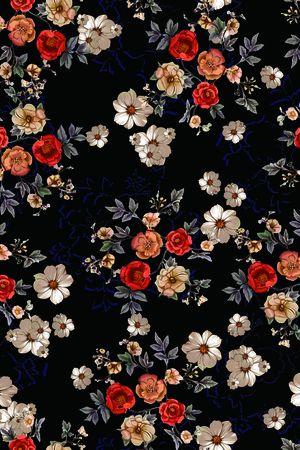 黑底花卉印花华亿平台图片