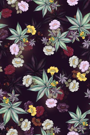 黑底花卉印花华亿平台图片