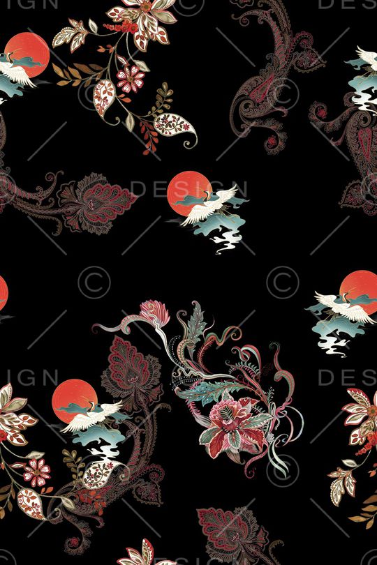 黑底花卉印花华亿平台图片