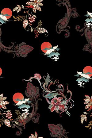 黑底花卉印花华亿平台图片