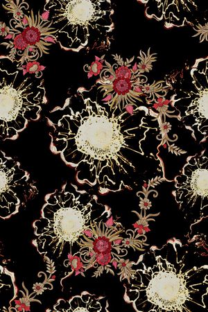 黑底花卉印花华亿平台图片