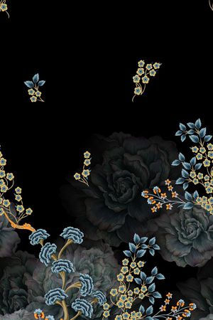 黑底花卉印花华亿平台图片
