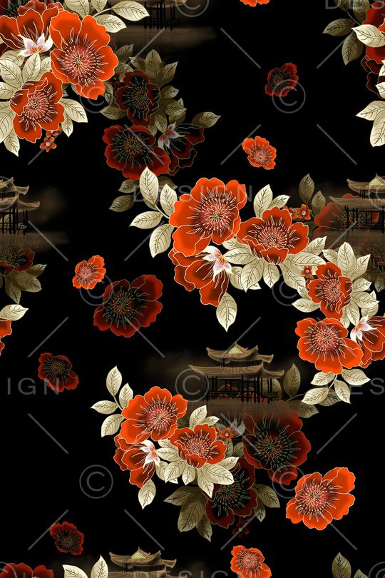 黑底花卉印花华亿平台图片