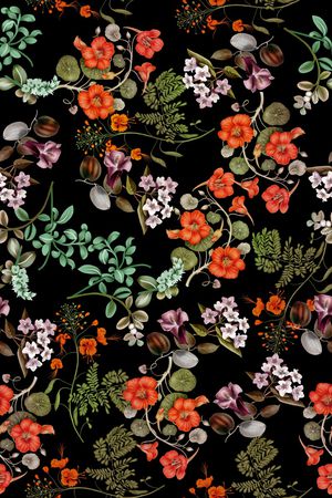 黑底花卉印花华亿平台图片