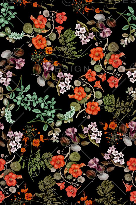 黑底花卉印花华亿平台图片