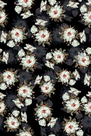 黑底花卉印花华亿平台图片