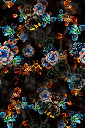 黑底花卉印花华亿平台图片