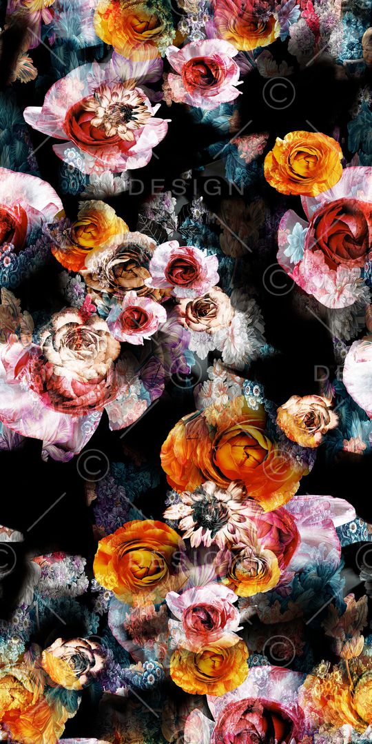 黑底花卉印花华亿平台图片