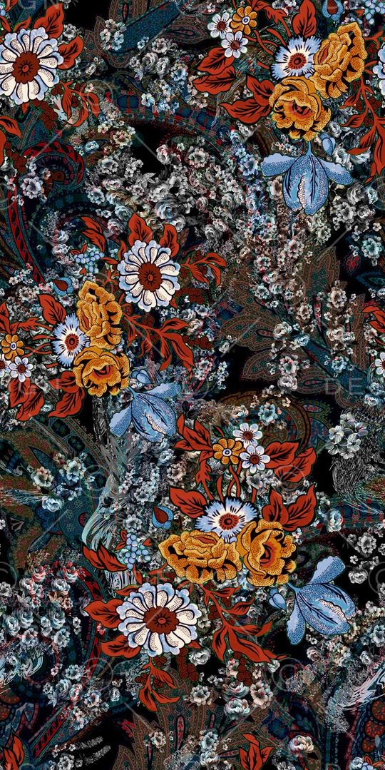 黑底花卉印花华亿平台图片