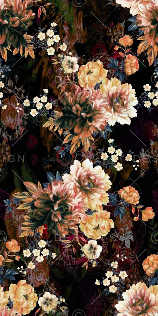 黑底花卉印花华亿平台图片