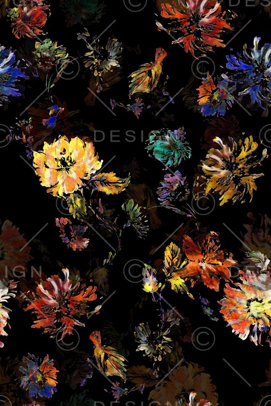 黑底花卉印花华亿平台图片