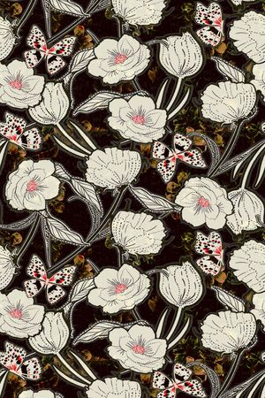 黑底花卉印花华亿平台图片