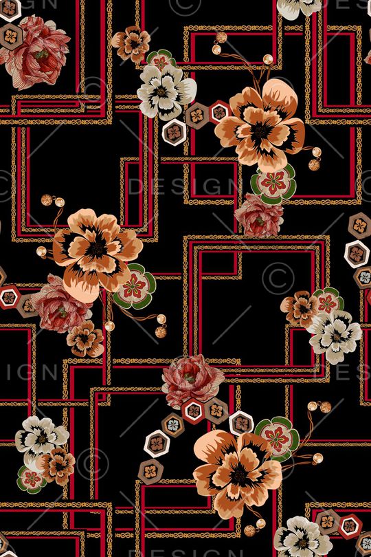 黑底花卉印花华亿平台图片