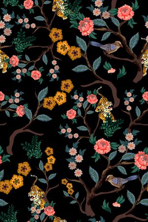 黑底花卉印花华亿平台图片