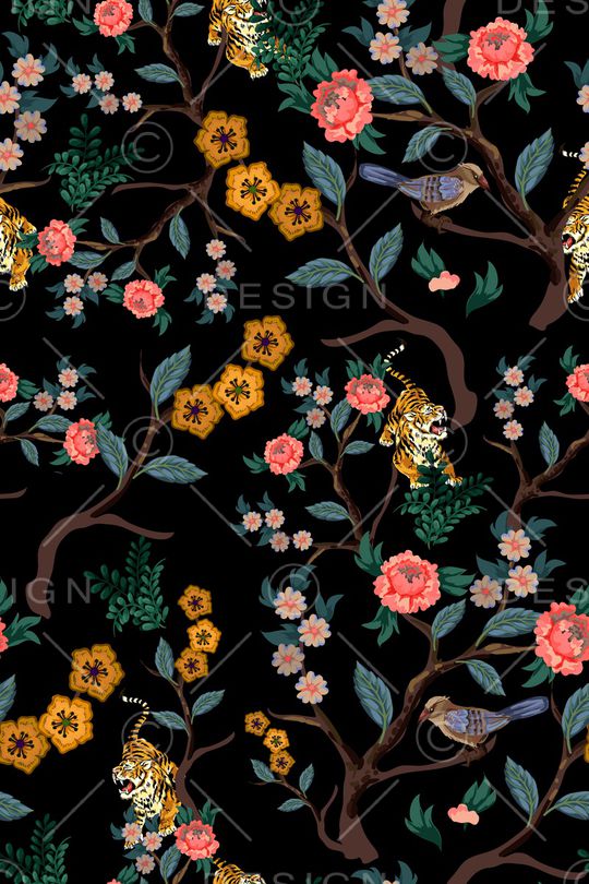 黑底花卉印花华亿平台图片