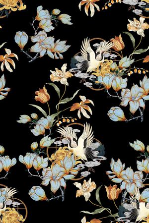 黑底花卉印花华亿平台图片