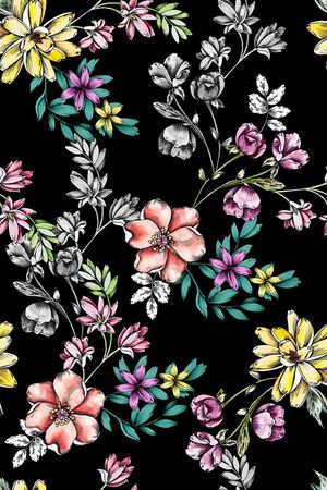 黑底花卉印花华亿平台图片