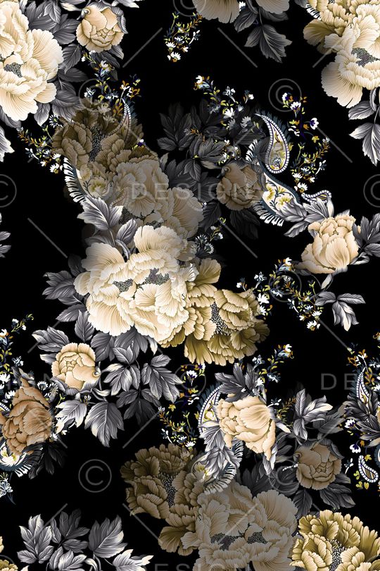 黑底花卉印花华亿平台图片