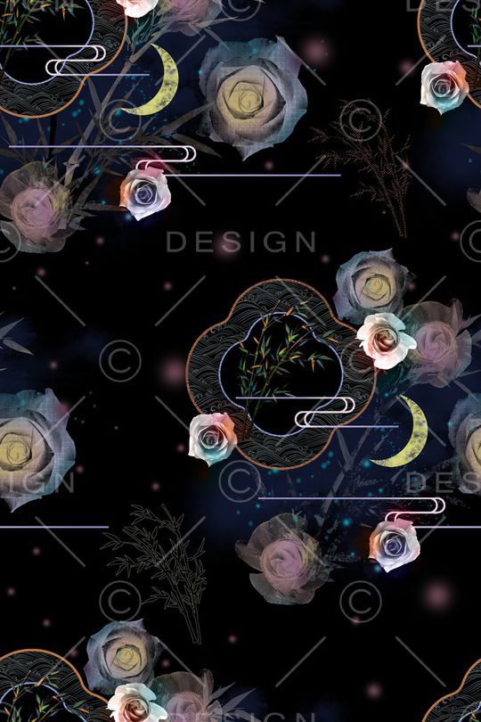 黑底花卉印花华亿平台图片